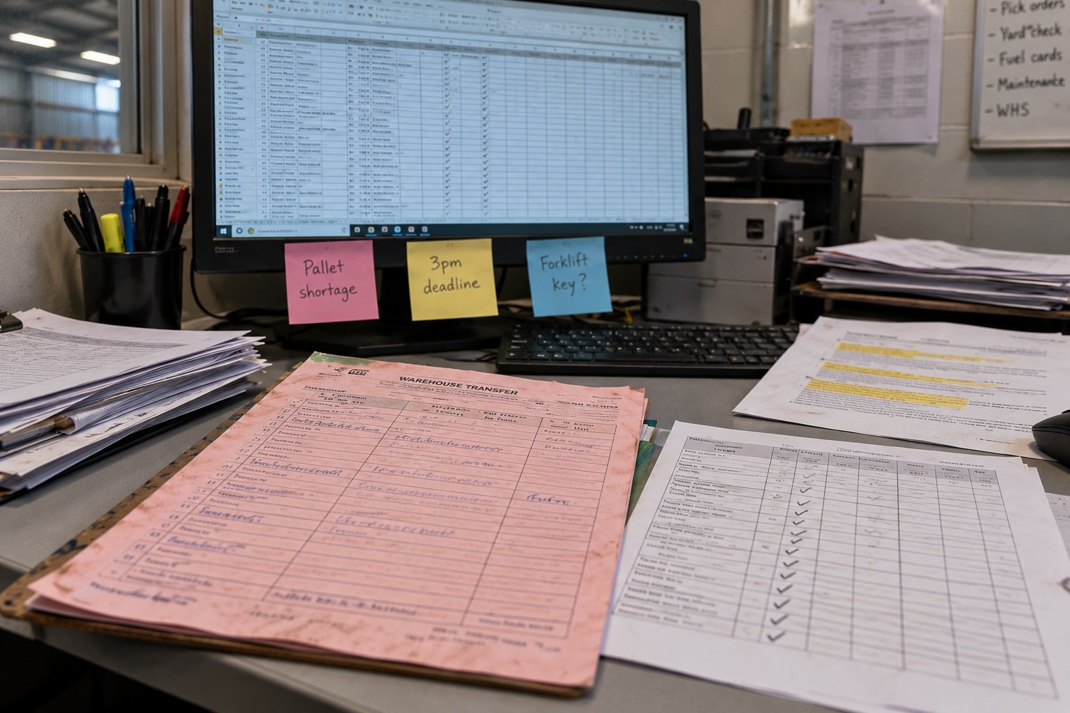 Warehouse transfer forms and paper checklists beside a spreadsheet on an office monitor.