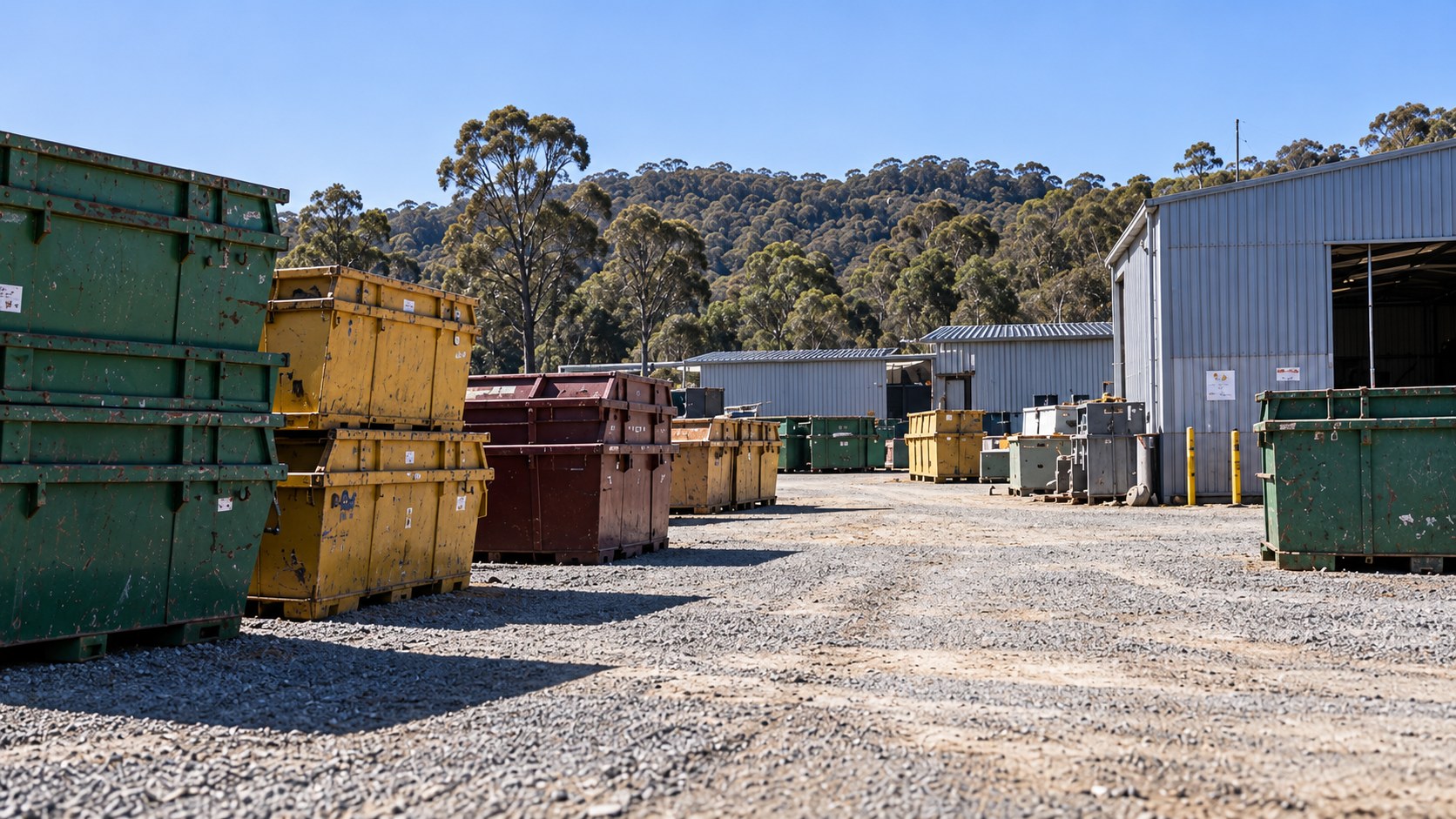 Rows of skip bins beside industrial sheds with eucalyptus trees in the background.